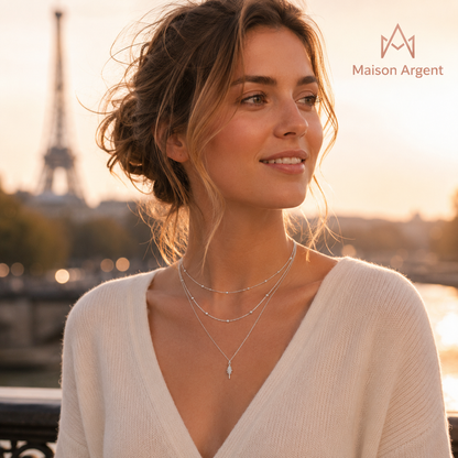 Collier Double Couche Argent Sterling 925 Océan Perles Femme - Cadeau Idéal
