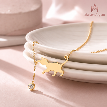Collier Femme Argent 925 Pendentif Chat - Bijou Luxe