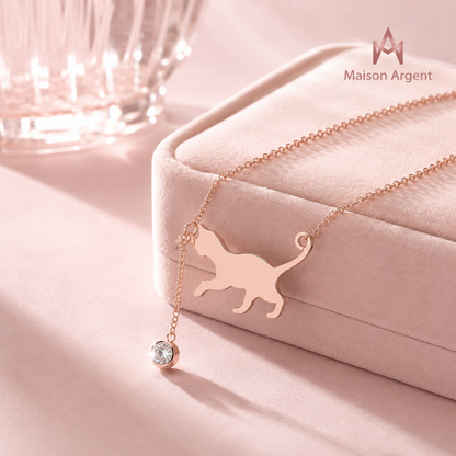 Collier Femme Argent 925 Pendentif Chat - Bijou Luxe