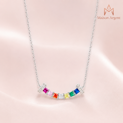 Collier Pendentif Carré Sourire Arc-en-ciel Zircone Cubique Argent 925 pour Femme