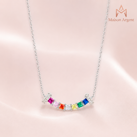 Collier Pendentif Carré Sourire Arc-en-ciel Zircone Cubique Argent 925 pour Femme