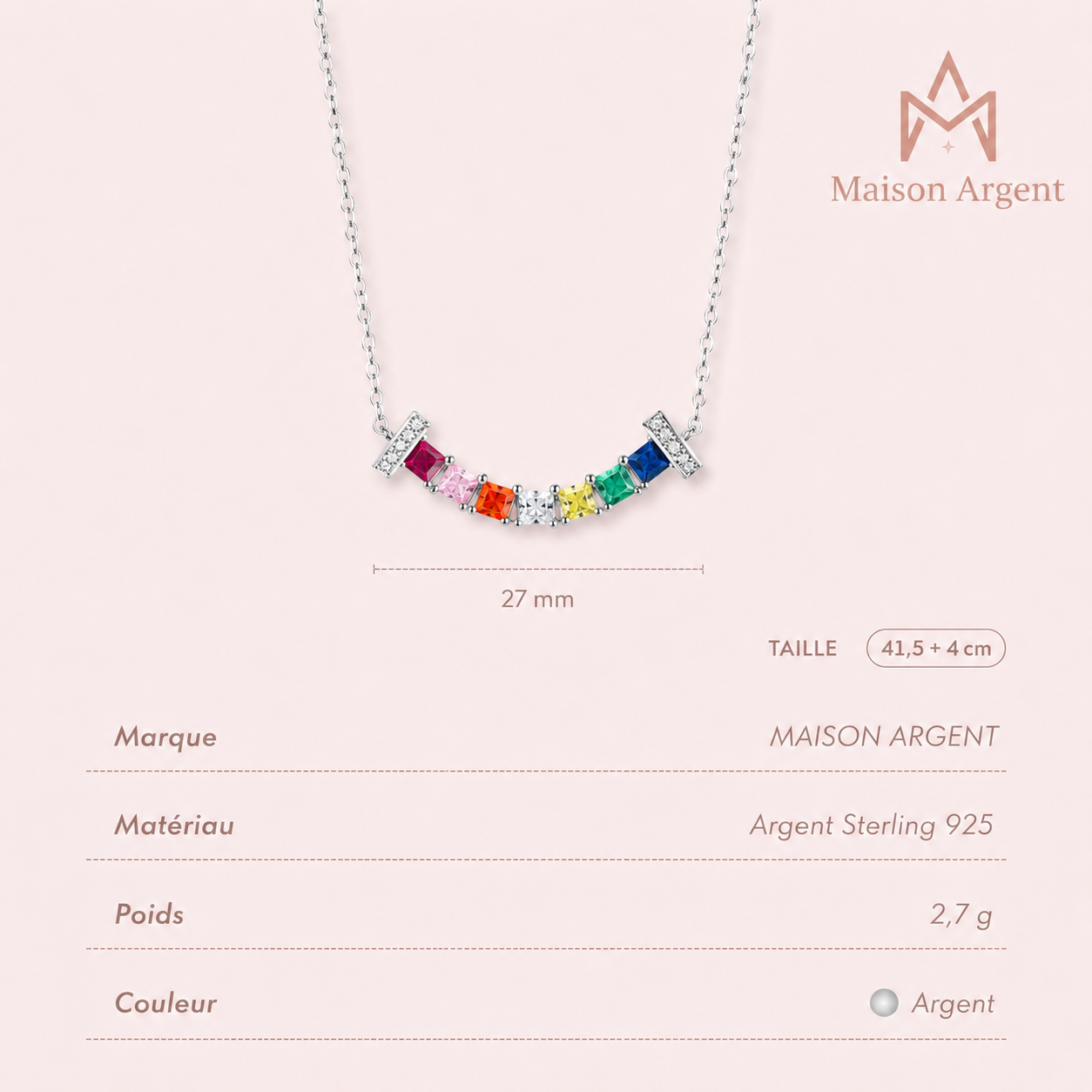 Collier Pendentif Carré Sourire Arc-en-ciel Zircone Cubique Argent 925 pour Femme