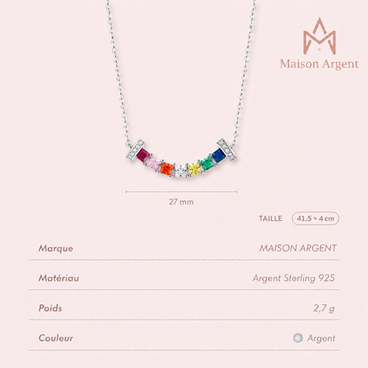 Collier Pendentif Carré Sourire Arc-en-ciel Zircone Cubique Argent 925 pour Femme