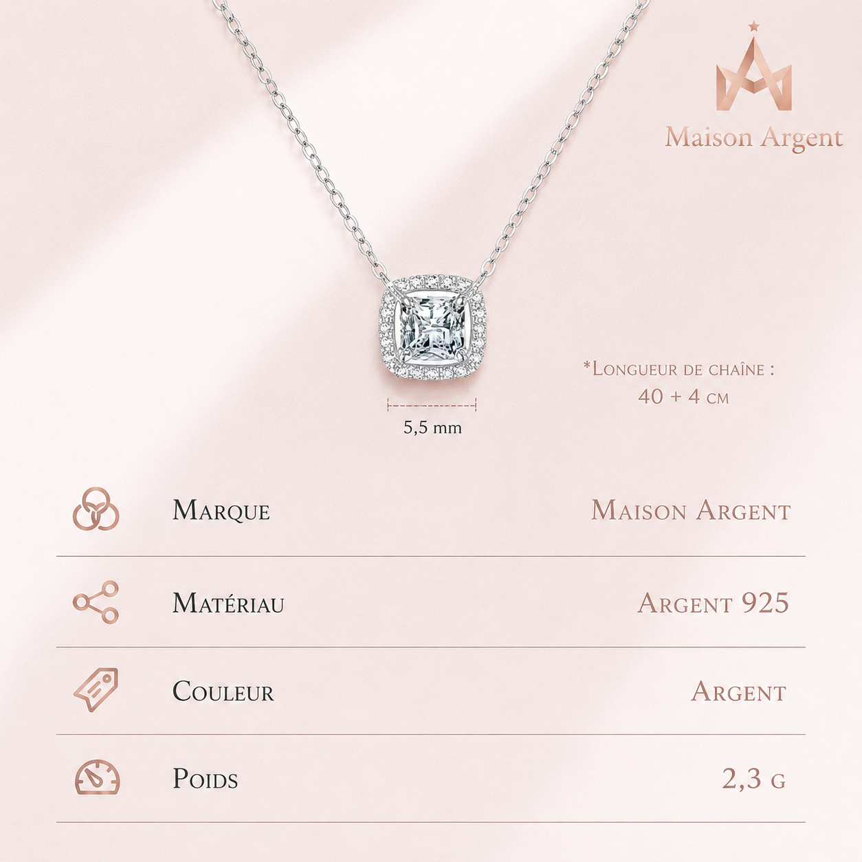 Collier Argent Sterling 925 avec Pendentif Carré Zircone Brillante - Bijou Fin pour Femme