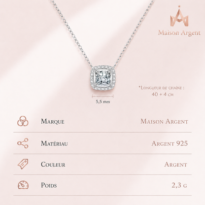 Collier Argent Sterling 925 avec Pendentif Carré Zircone Brillante - Bijou Fin pour Femme