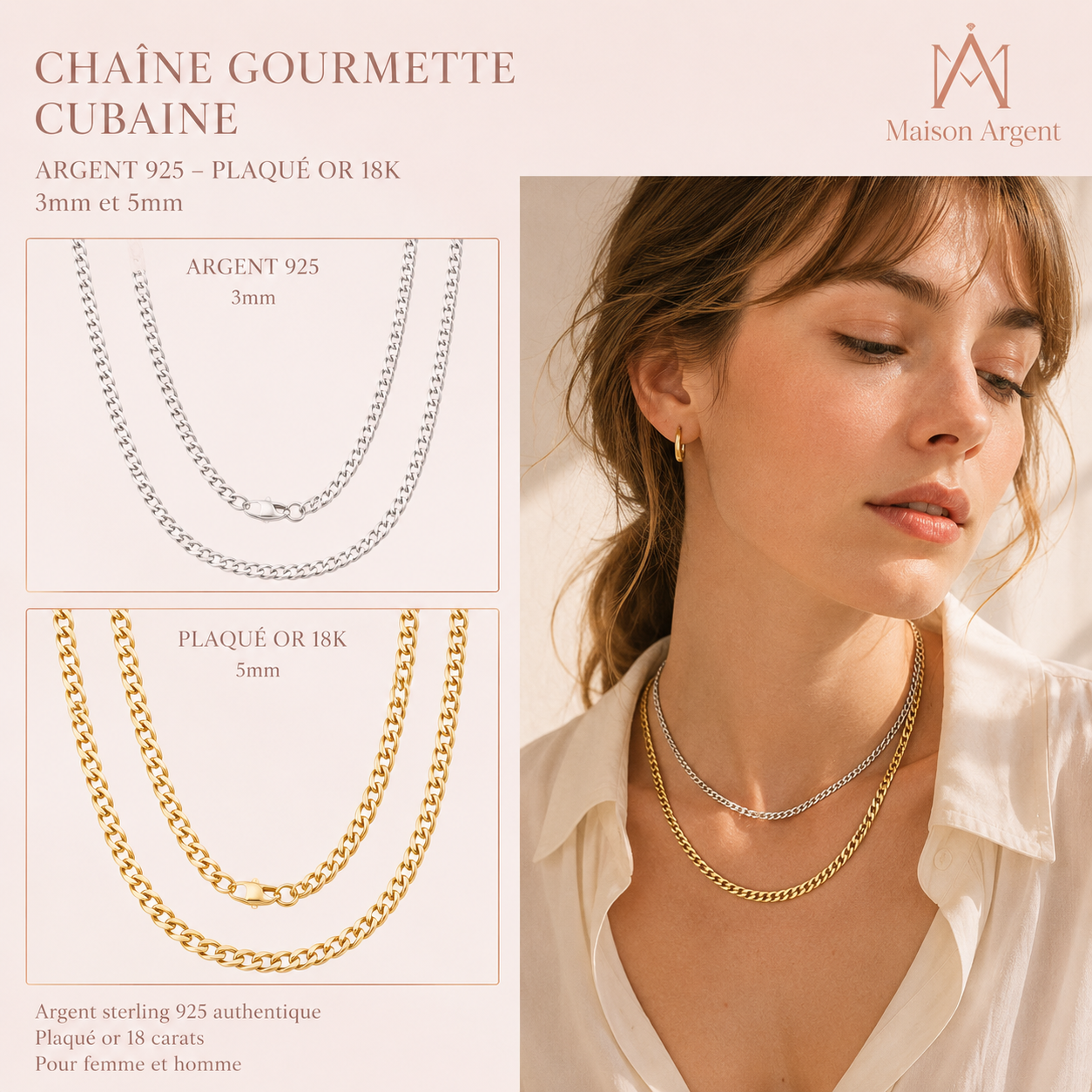 Collier Chaîne Gourmette Lien Cubain Argent Sterling 925 pour Homme et Femme
