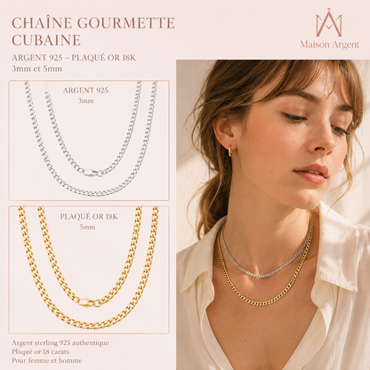Collier Chaîne Gourmette Lien Cubain Argent Sterling 925 pour Homme et Femme