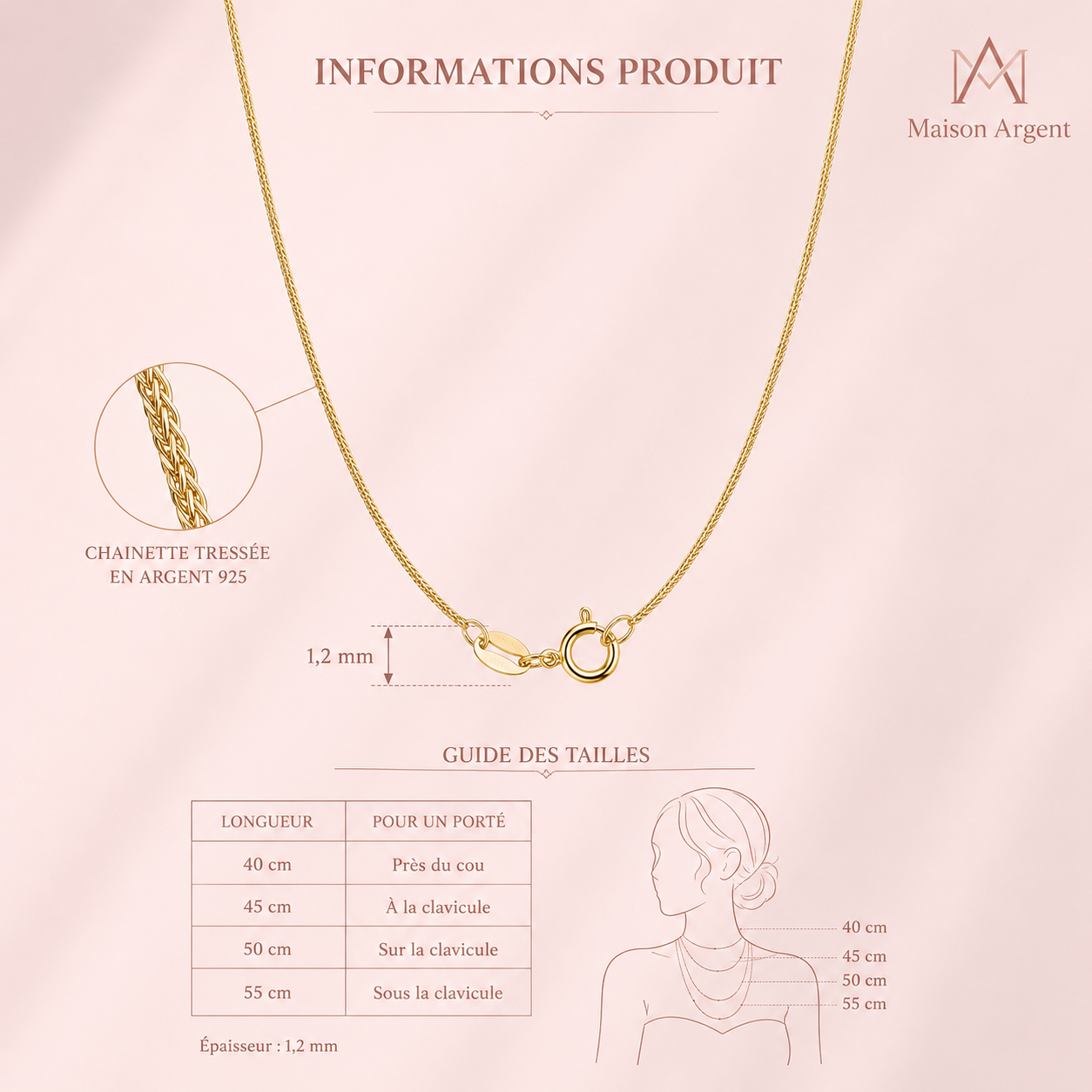 Collier Chaîne Chopin 1.2mm en Argent Sterling 925 Plaqué Or 14K - Fabrication Artisanale Italienne