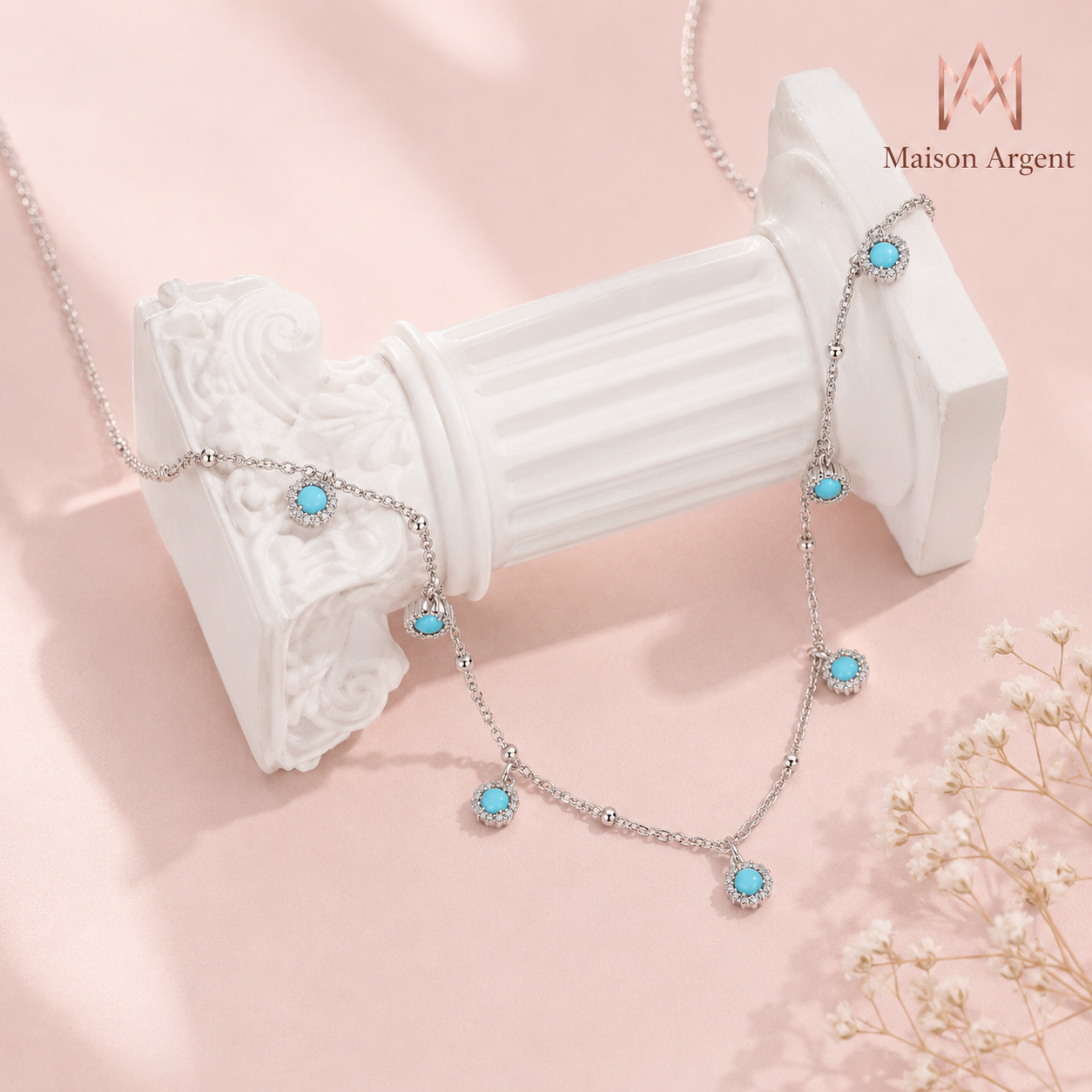 Collier Pendentif Turquoise Bleu Vert Argent 925 Bohème Femme