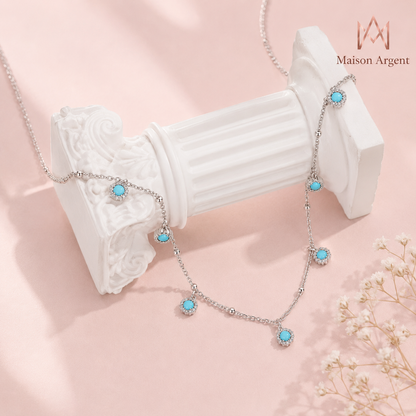 Collier Pendentif Turquoise Bleu Vert Argent 925 Bohème Femme