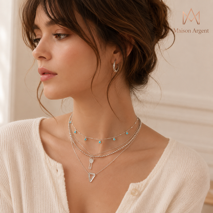Collier Pendentif Turquoise Bleu Vert Argent 925 Bohème Femme