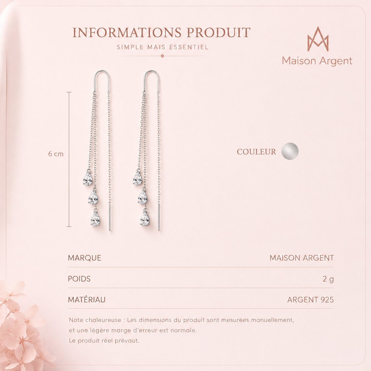 Boucles d'oreilles longues pendantes en Argent Sterling 925 pour femme