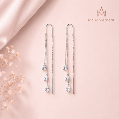 Boucles d'Oreilles Pendantes Argent Sterling 925 pour Femme - Design Goutte d'Eau & Pompon