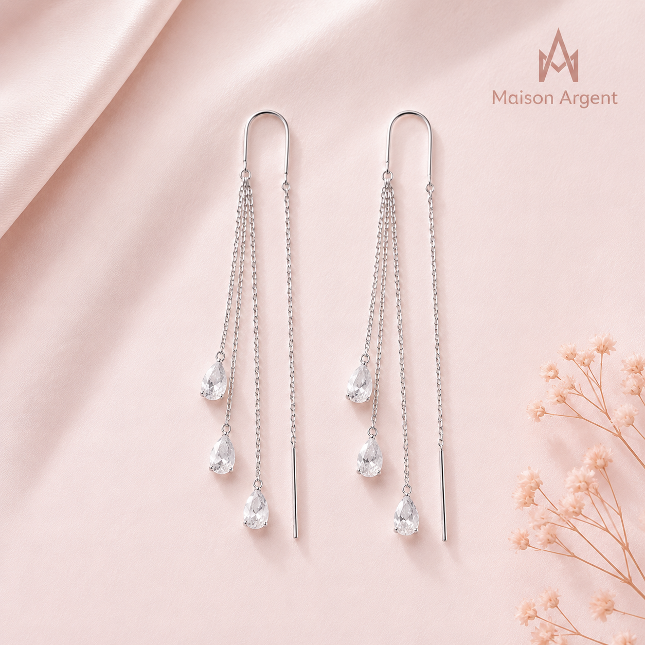 Boucles d'Oreilles Pendantes Argent Sterling 925 pour Femme - Design Goutte d'Eau & Pompon