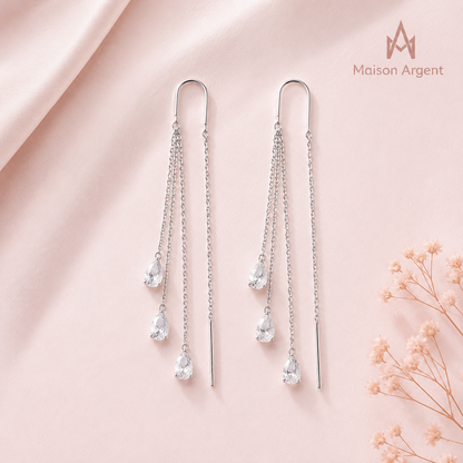 Boucles d'Oreilles Pendantes Argent Sterling 925 pour Femme - Design Goutte d'Eau & Pompon