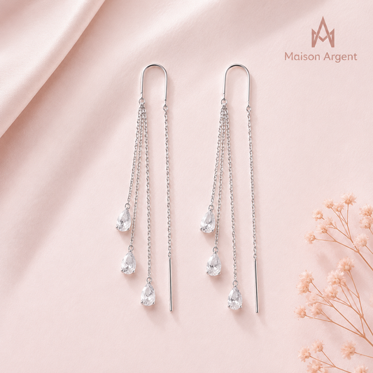Boucles d'Oreilles Pendantes Argent Sterling 925 pour Femme - Design Goutte d'Eau & Pompon