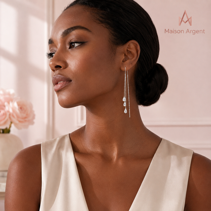 Boucles d'Oreilles Pendantes Argent Sterling 925 pour Femme - Design Goutte d'Eau & Pompon