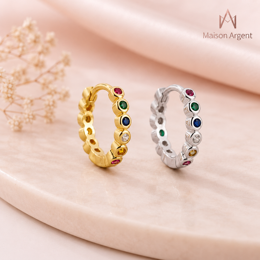 Boucles d'oreilles créoles en argent 925 pour femme - Zircon cubique arc-en-ciel géométrique