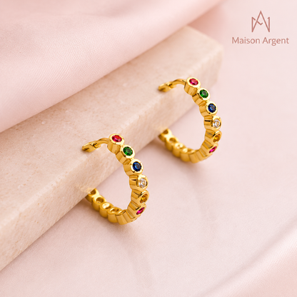 Boucles d'oreilles créoles en argent 925 pour femme - Zircon cubique arc-en-ciel géométrique