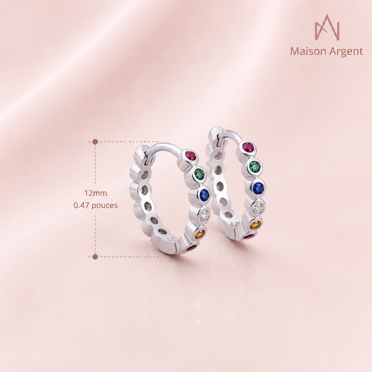 Boucles d'oreilles créoles en argent 925 pour femme - Zircon cubique arc-en-ciel géométrique
