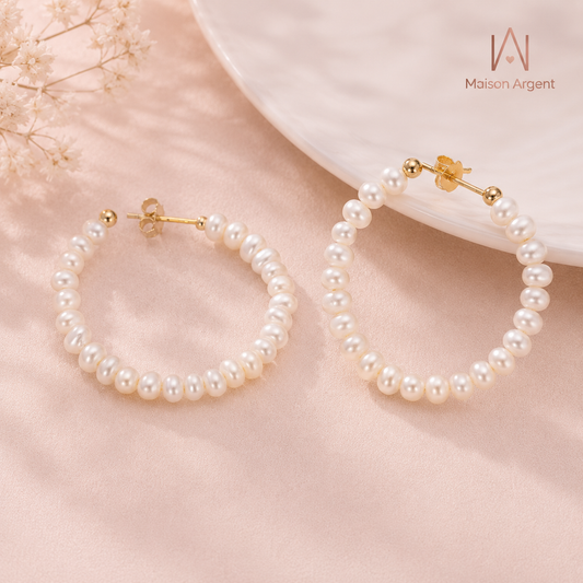 Boucles d'oreilles créoles en argent 925 pour femme - Style bohème chic avec perles