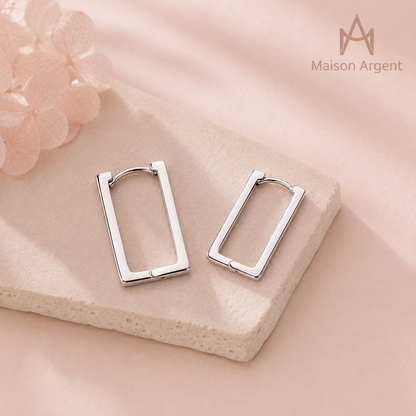 Boucles d'oreilles créoles rectangulaires en argent 925 pour femme - Bijoux fins et élégants