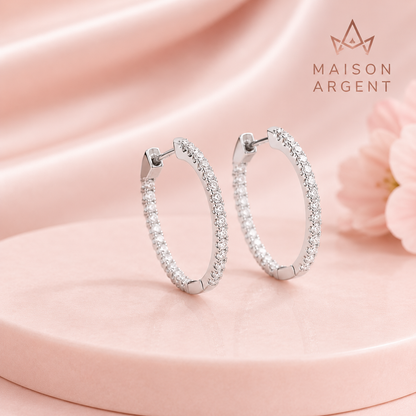 Boucles d'Oreilles Créoles Argent 925 Scintillantes Zirconium pour Femme