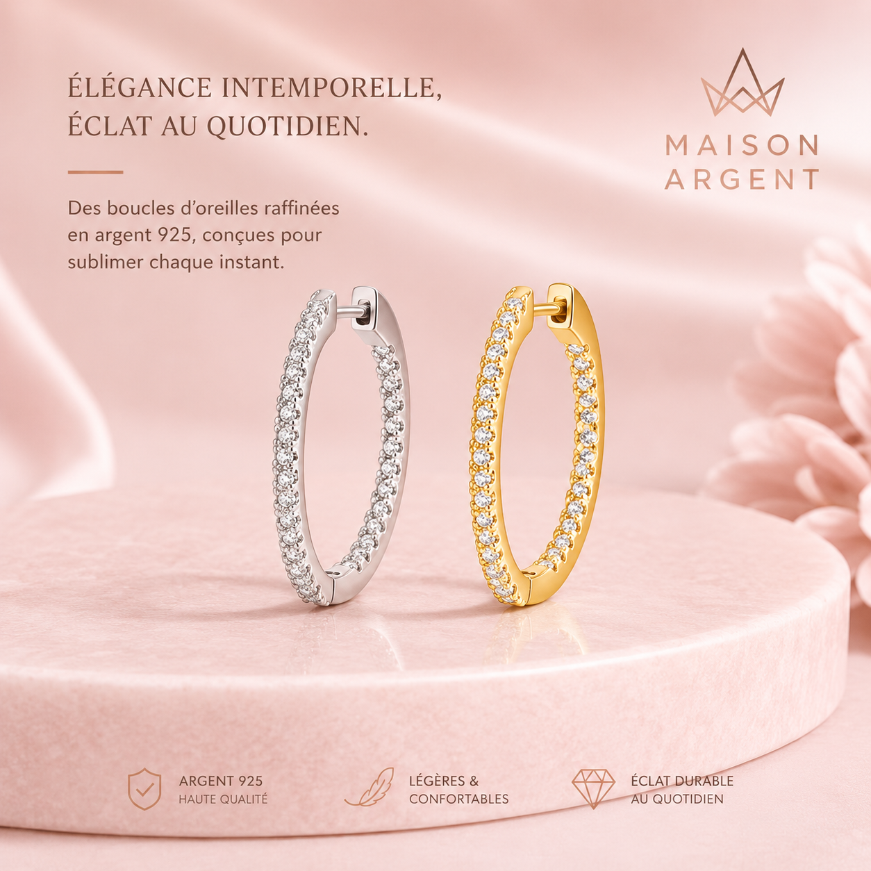 Boucles d'Oreilles Créoles Argent 925 Scintillantes Zirconium pour Femme