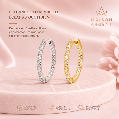 Boucles d'Oreilles Créoles Argent 925 Scintillantes Zirconium pour Femme