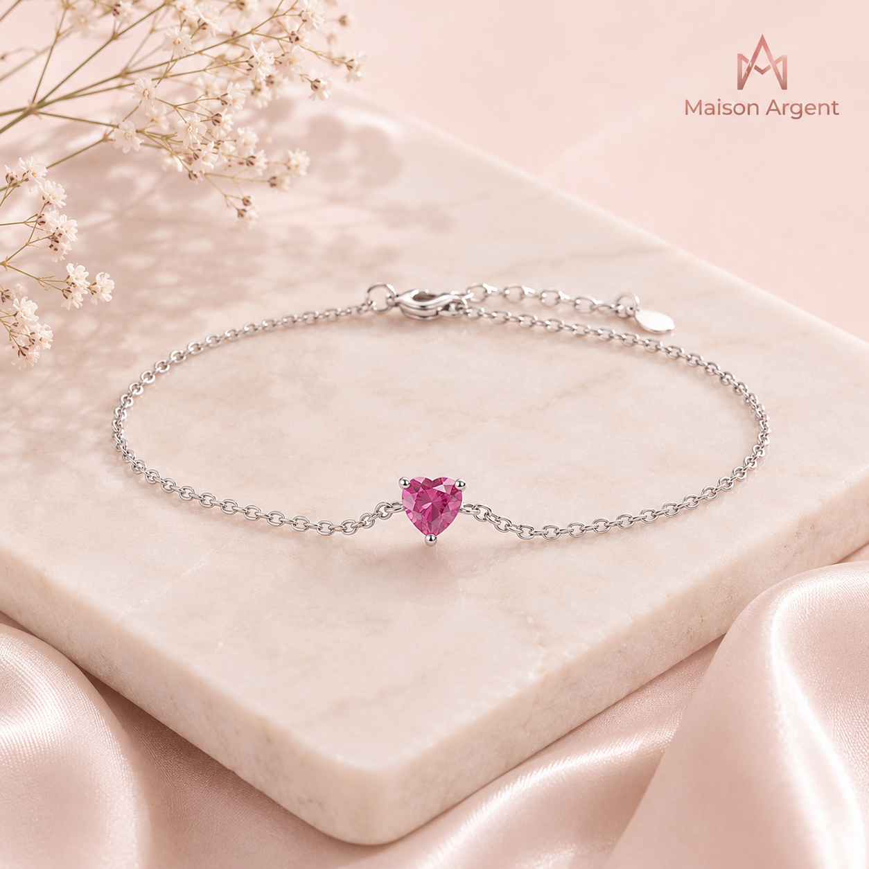 Bracelet Cœur Romantique en Argent 925 avec Zircone Rose - Bijou Fin pour Femme