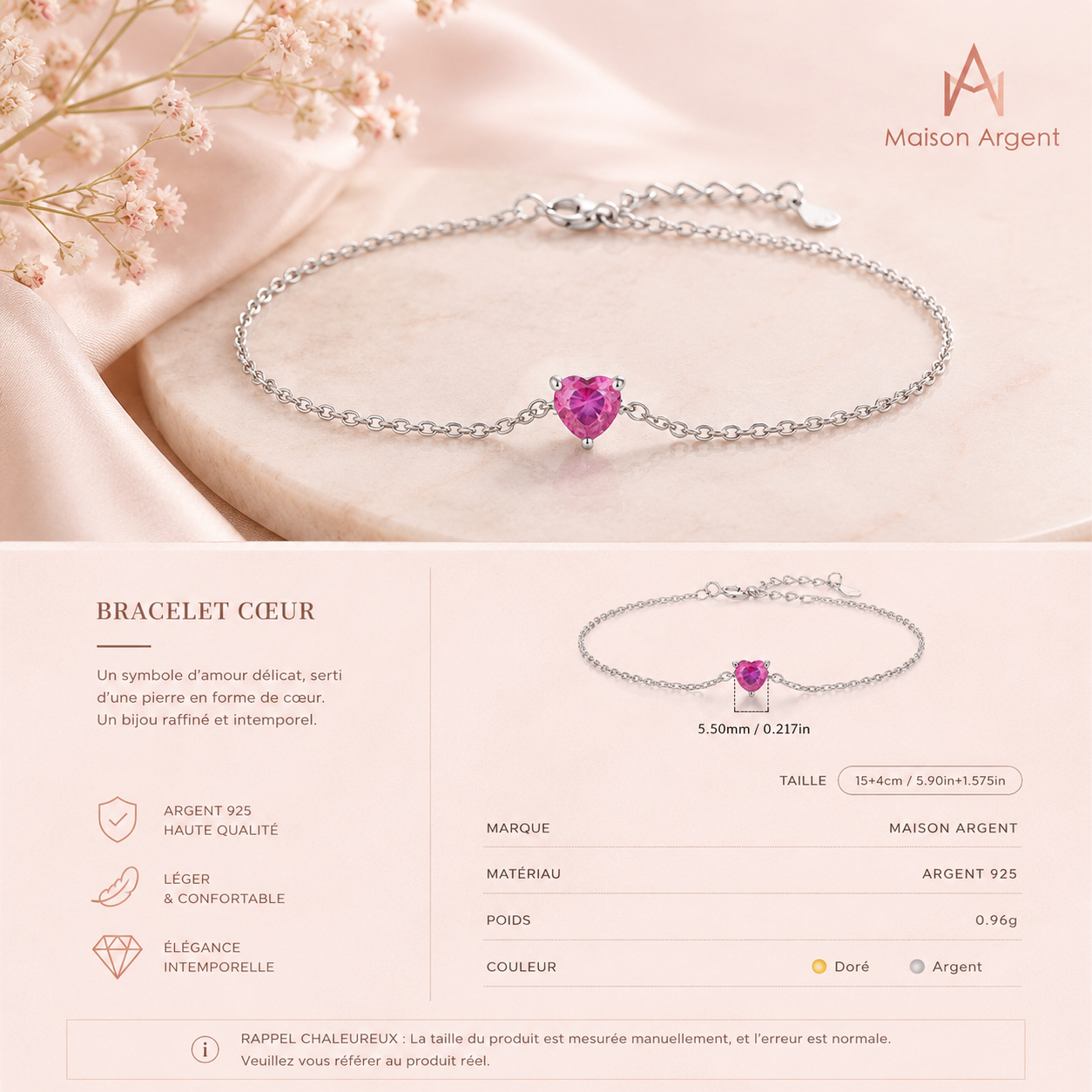 Bracelet Cœur Romantique en Argent 925 avec Zircone Rose - Bijou Fin pour Femme