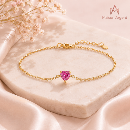 Bracelet Cœur Romantique en Argent 925 avec Zircone Rose - Bijou Fin pour Femme