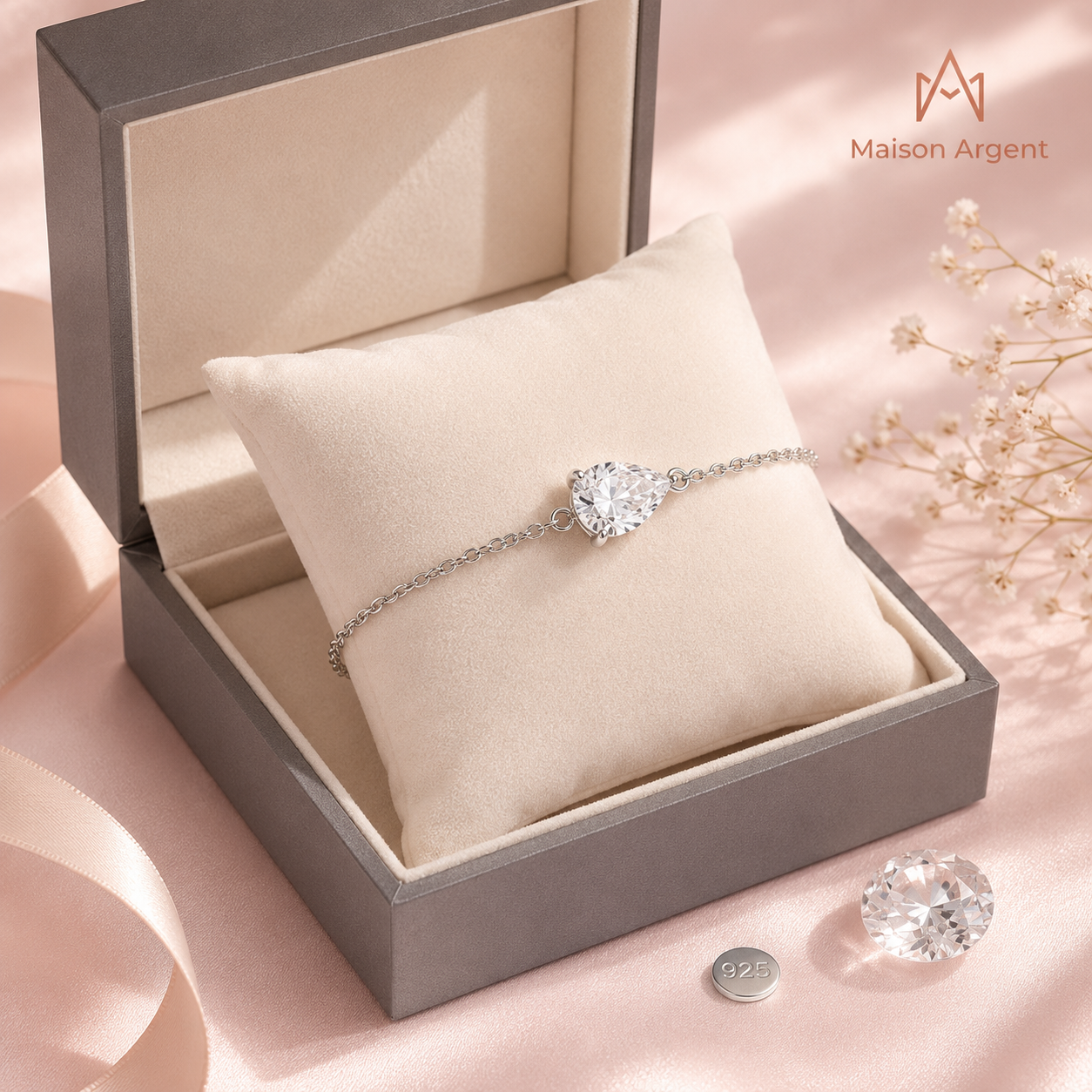 Bracelet Argent 925 Moissanite Goutte d'eau - Bijou Luxe Femme Mariage