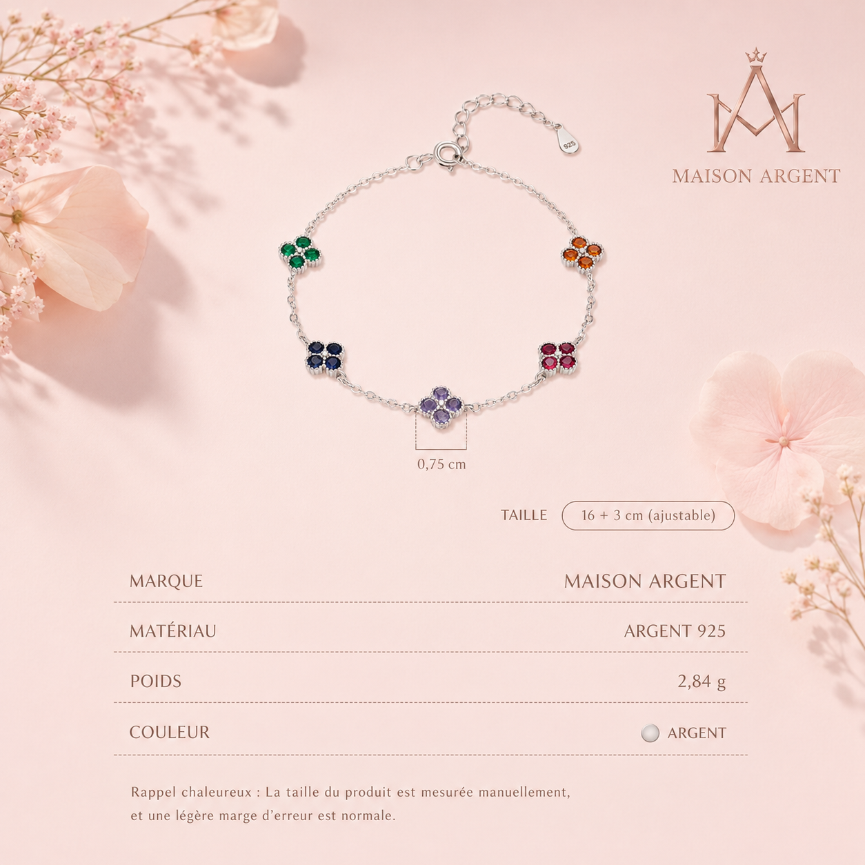 Bracelet Trèfle à Quatre Feuilles en Argent Sterling 925 pour Femme - Zircone Colorée, Charme Empilable