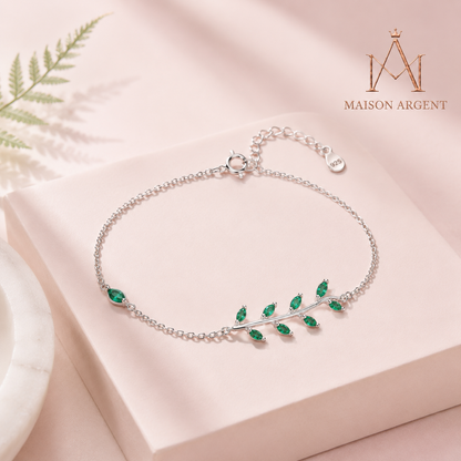 Bracelet Argent Sterling 925 Feuille Verte Zircone Ajustable - Bijou Mariage Femme