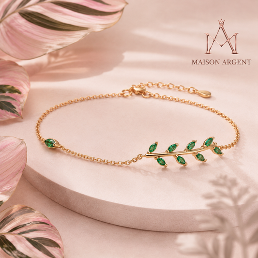 Bracelet Argent Sterling 925 Feuille Verte Zircone Ajustable - Bijou Mariage Femme