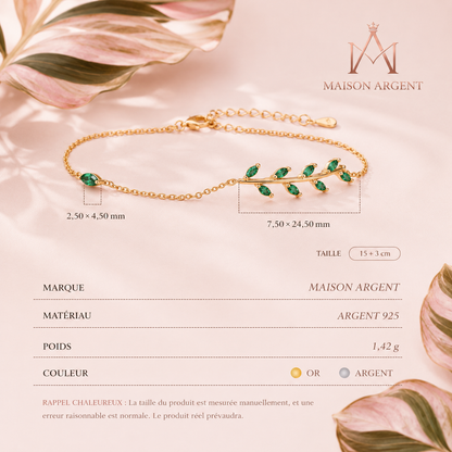 Bracelet Argent Sterling 925 Feuille Verte Zircone Ajustable - Bijou Mariage Femme