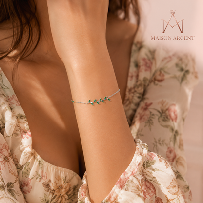 Bracelet Argent Sterling 925 Feuille Verte Zircone Ajustable - Bijou Mariage Femme