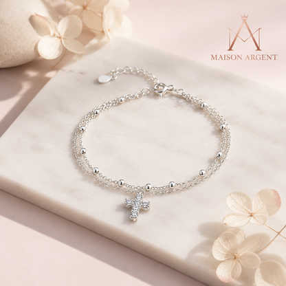 Bracelet Double Chaîne Argent Sterling 925 avec Croix CZ - Bijou Empilable pour Femme