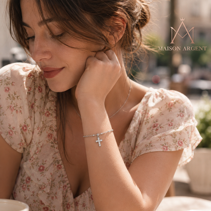 Bracelet Double Chaîne Argent Sterling 925 avec Croix CZ - Bijou Empilable pour Femme