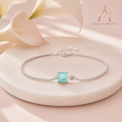 Bracelet Femme Argent Sterling 925, Tourmaline Carrée Bleue Paraiba, Bijou Luxe Tendance