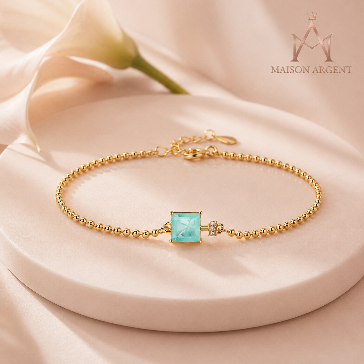Bracelet Femme Argent Sterling 925, Tourmaline Carrée Bleue Paraiba, Bijou Luxe Tendance