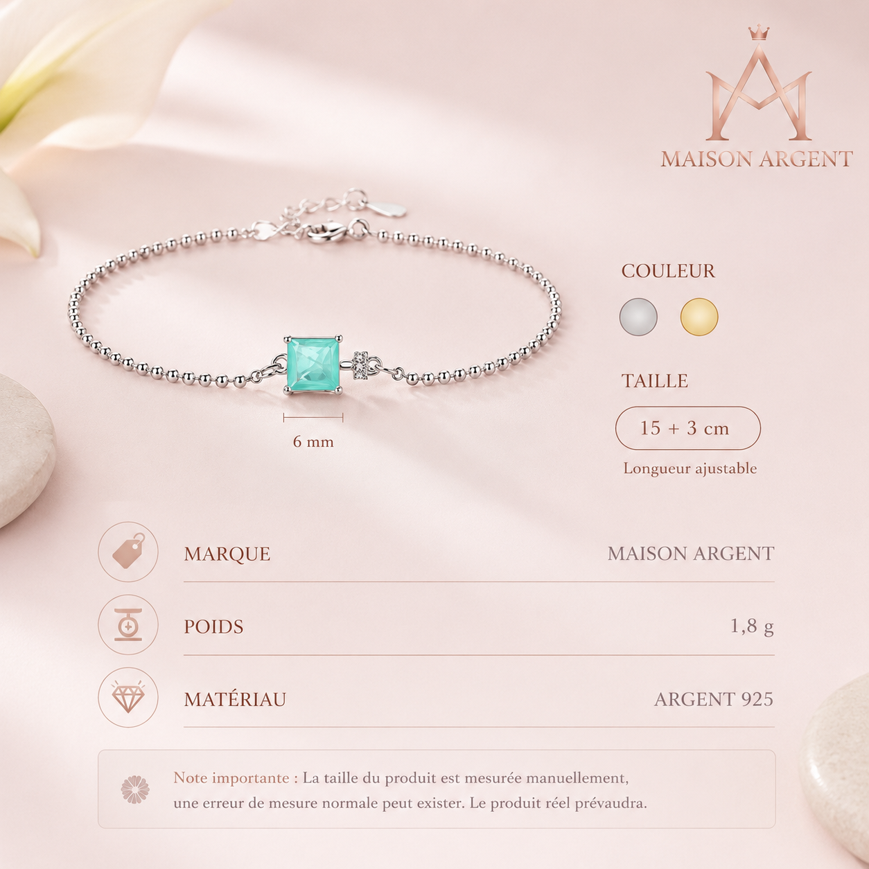 Bracelet Femme Argent Sterling 925, Tourmaline Carrée Bleue Paraiba, Bijou Luxe Tendance