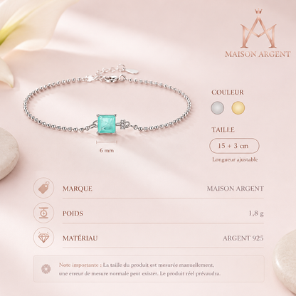 Bracelet Femme Argent Sterling 925, Tourmaline Carrée Bleue Paraiba, Bijou Luxe Tendance