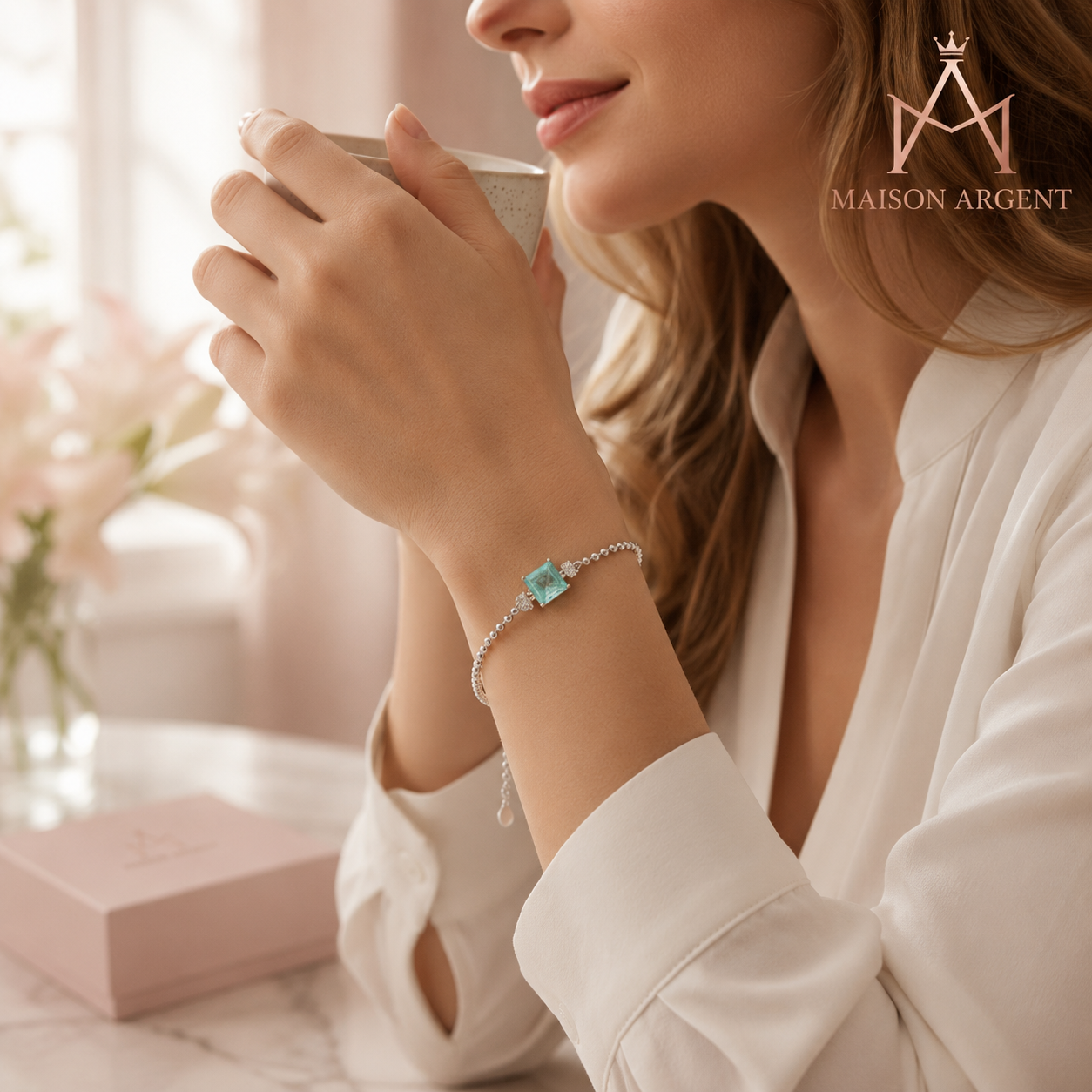 Bracelet Femme Argent Sterling 925, Tourmaline Carrée Bleue Paraiba, Bijou Luxe Tendance