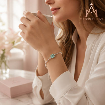 Bracelet Femme Argent Sterling 925, Tourmaline Carrée Bleue Paraiba, Bijou Luxe Tendance