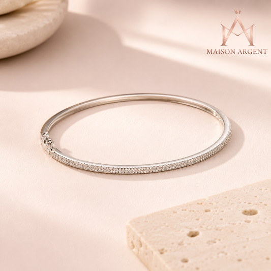 Bracelet Jonc Argent 925 Luxe Rond Scintillant CZ pour Femme - Bijou Fin Cadeau Mariage