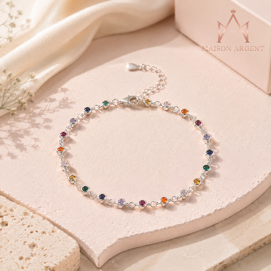Bracelet Bohème Argent Sterling 925 avec Breloques et Zirconiums Arc-en-ciel pour Femme
