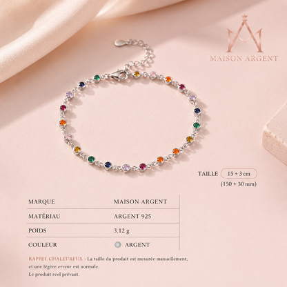 Bracelet Bohème Argent Sterling 925 avec Breloques et Zirconiums Arc-en-ciel pour Femme