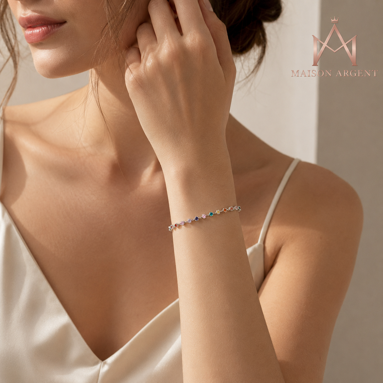 Bracelet Bohème Argent Sterling 925 avec Breloques et Zirconiums Arc-en-ciel pour Femme